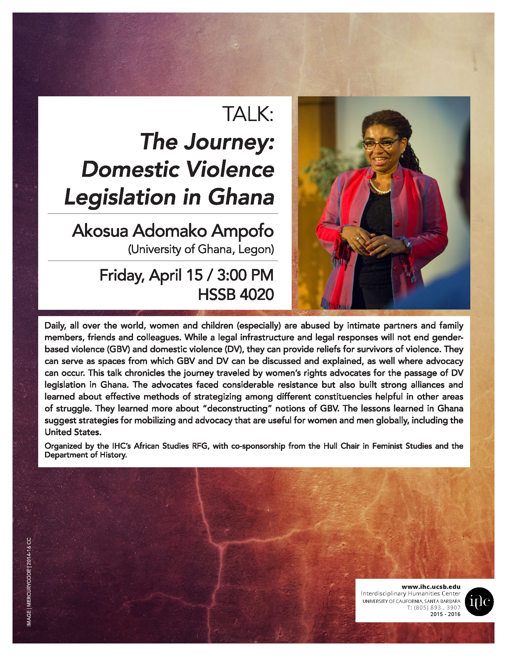 flyer for "The Journey: Domestic Violence Legislation in Ghana" by Prof. Akosua Adomako Ampofo