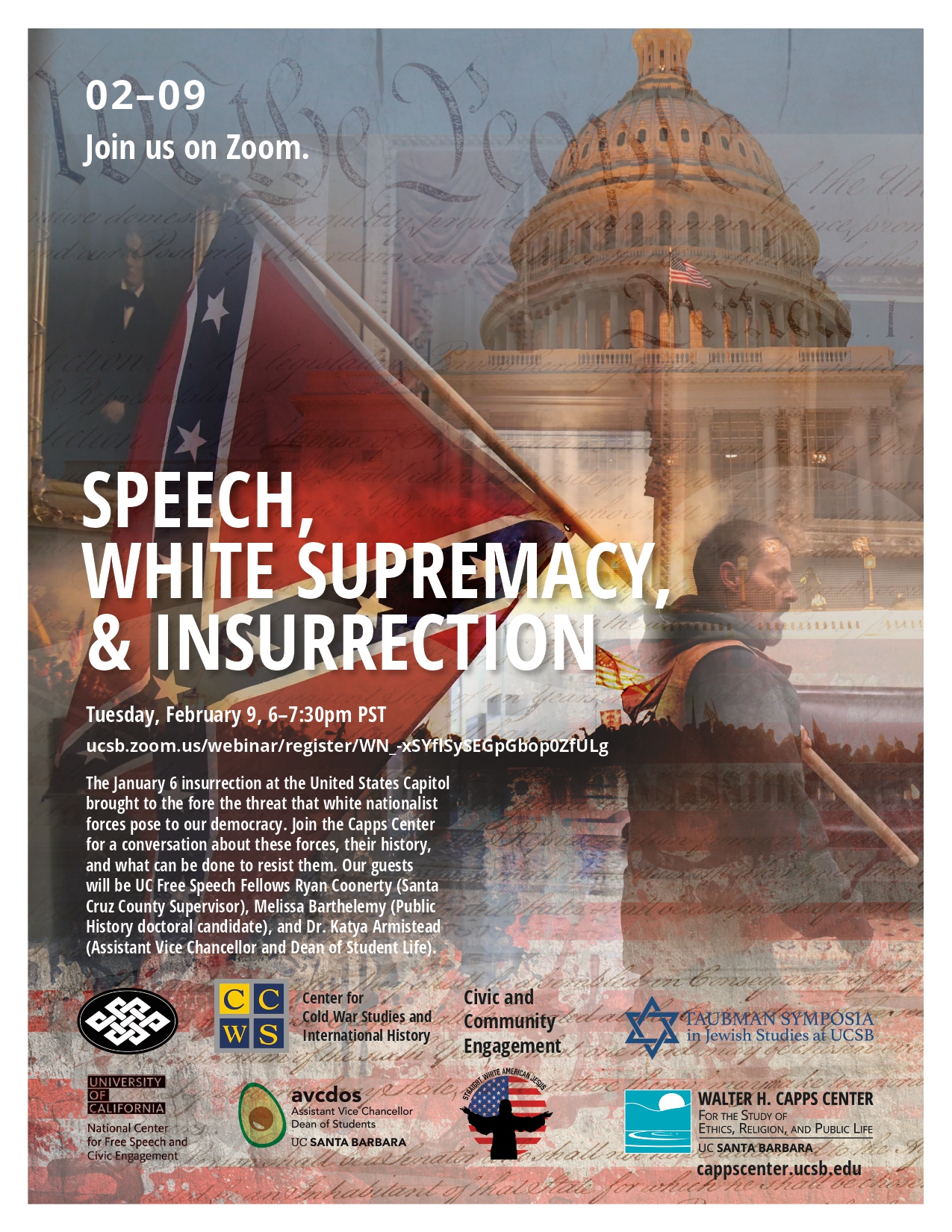 Flyer for Zoom talk: Speech, White Supremacy, & Insurrection on 2/9/21 from 6-7:30PM