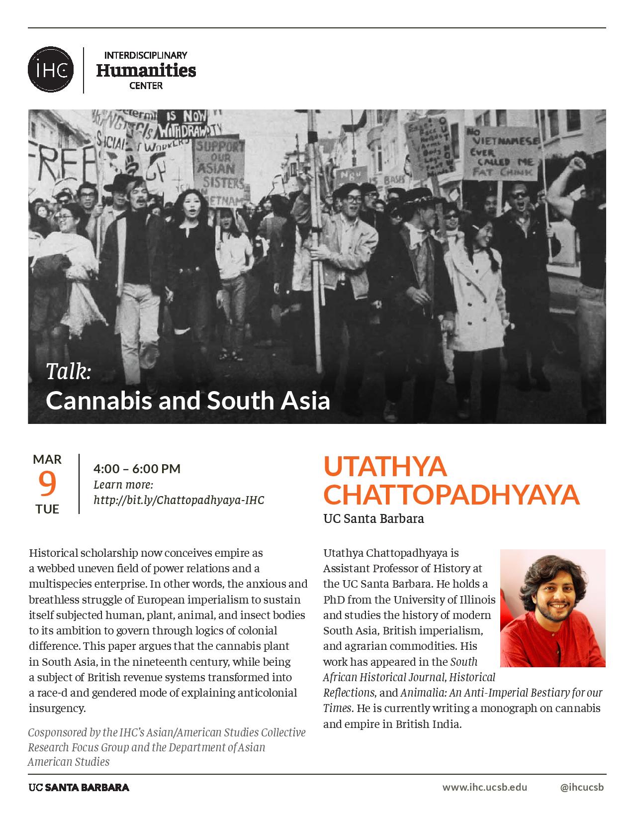 Flyer for Cannabis and South Asia by Utathya Chattopadhyaya on 3/9/21 from 4-6PM