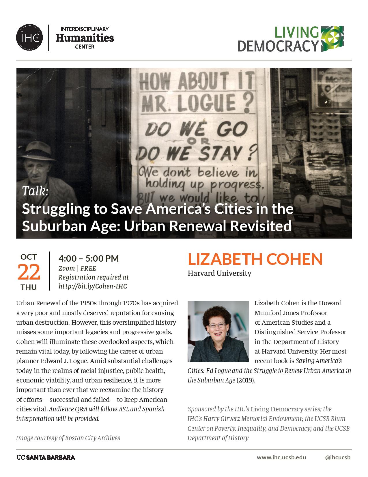 Flyer for Zoom talk for Struggling to Save America's Cities in the Suburban Age: Urban Renewal Revisited on 10/22 from 4-5PM