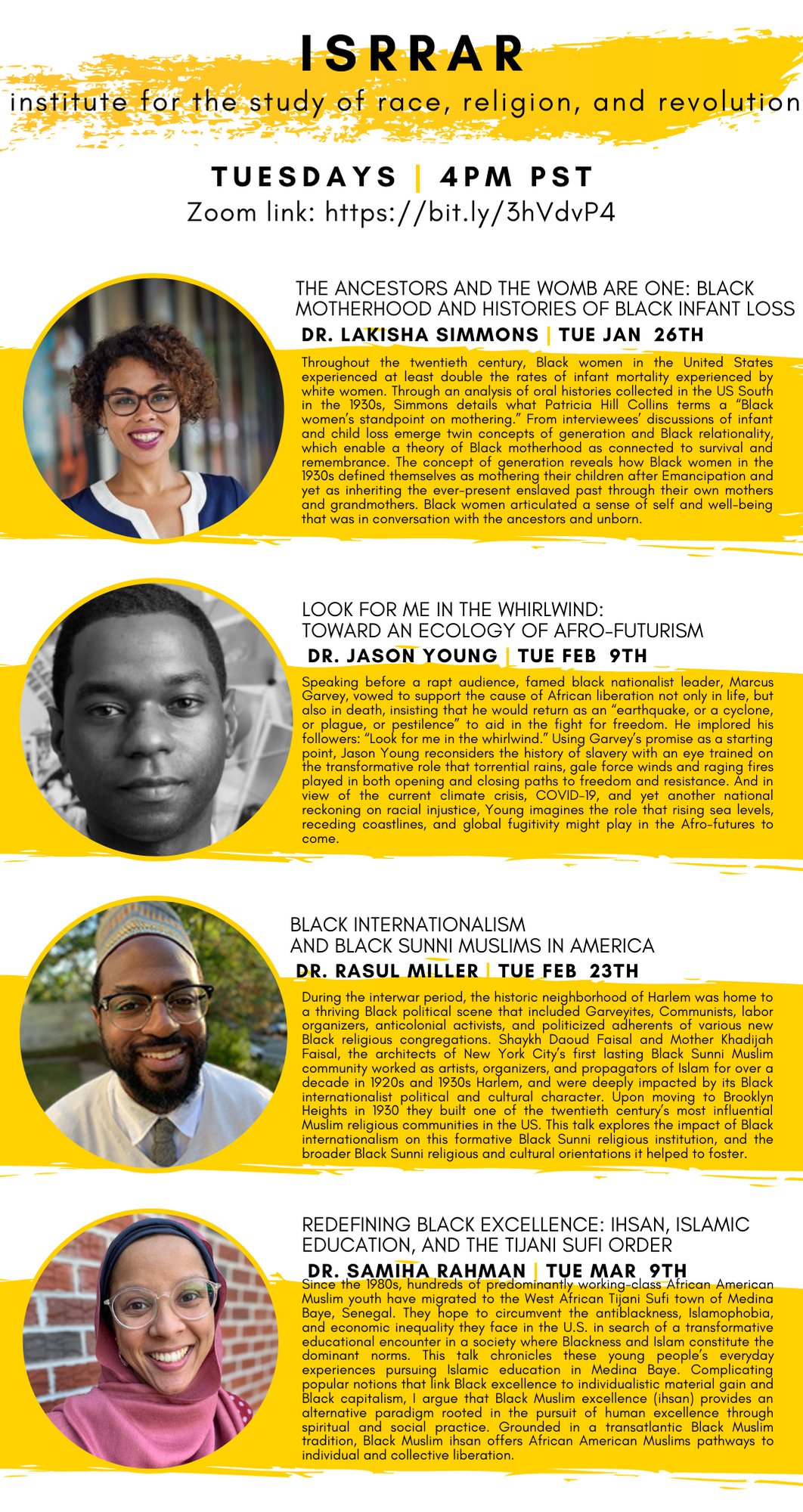 Flyer for a list of talks for ISRRAR: Institute for the Study of Race, Religion, and Revolution