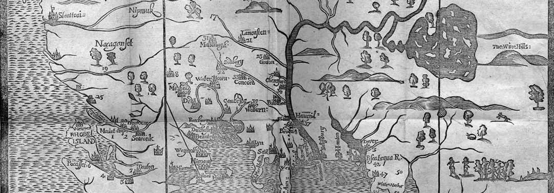 Woodcut map of New England, 1677. Printed by John Foster.