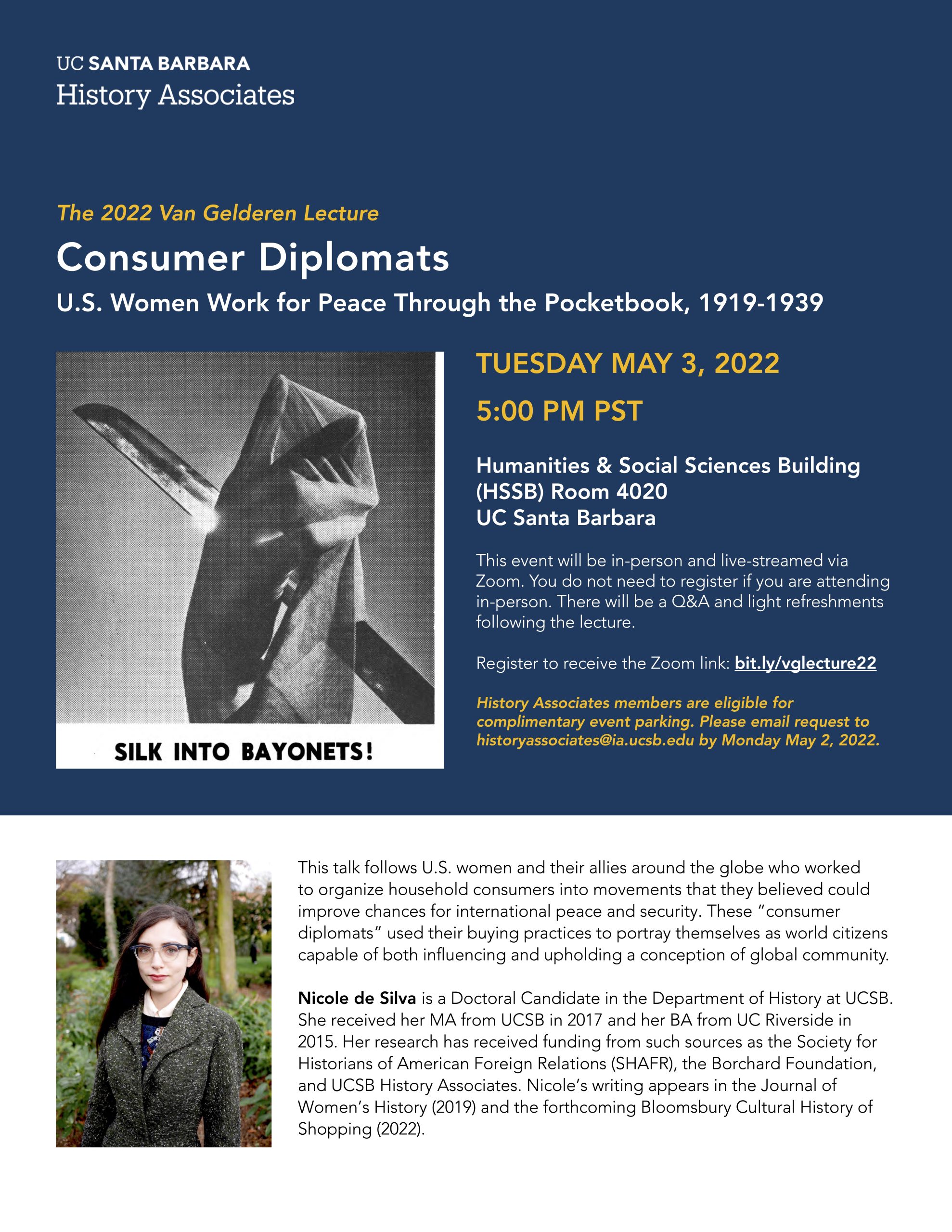 Flyer for "The 2022 Van Gelderan Lecture, Consumer Diplomats: US Women Work for Peace Through the Pocketbook, 1919-1939" with Nicole de Silva on May 3, 2022 at 5PM in 4020 HSSB