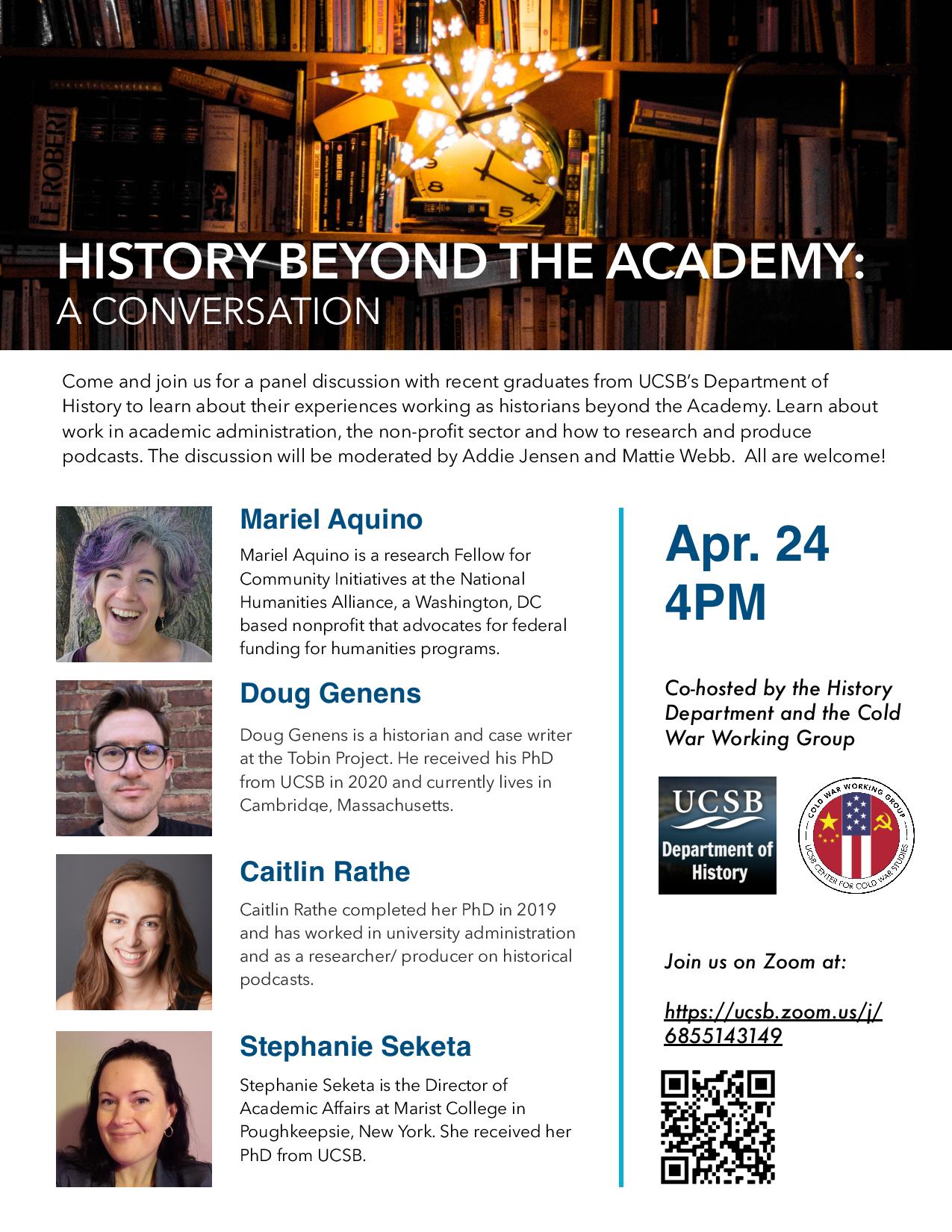 FLyer for Zoom talk for History Beyond the Academy: A Conversation on 4/24/21 at 4PM