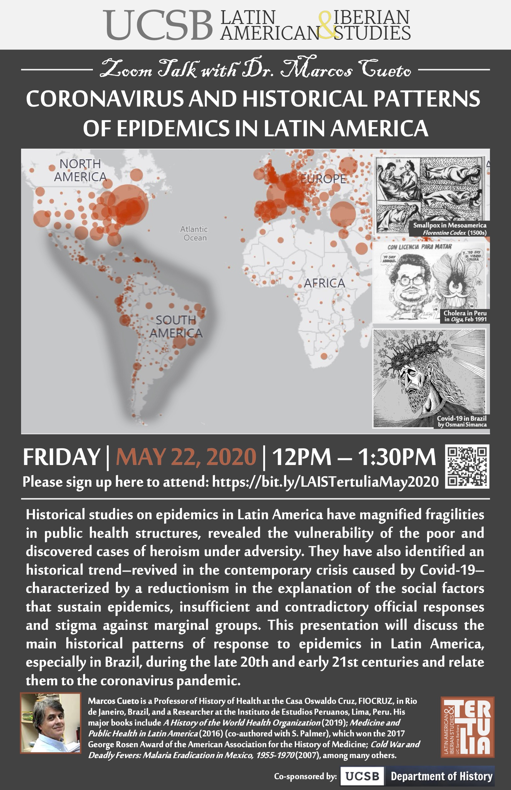 Flyer for Zoom Talk for Coronavirus and Historical Patterns of Epidemics in Latin America on 5/22/20 from 12-1:30PM