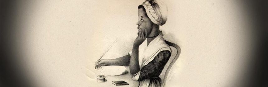 Black and white drawing of a woman with bonnet thinking about what to write with a quill in her hand