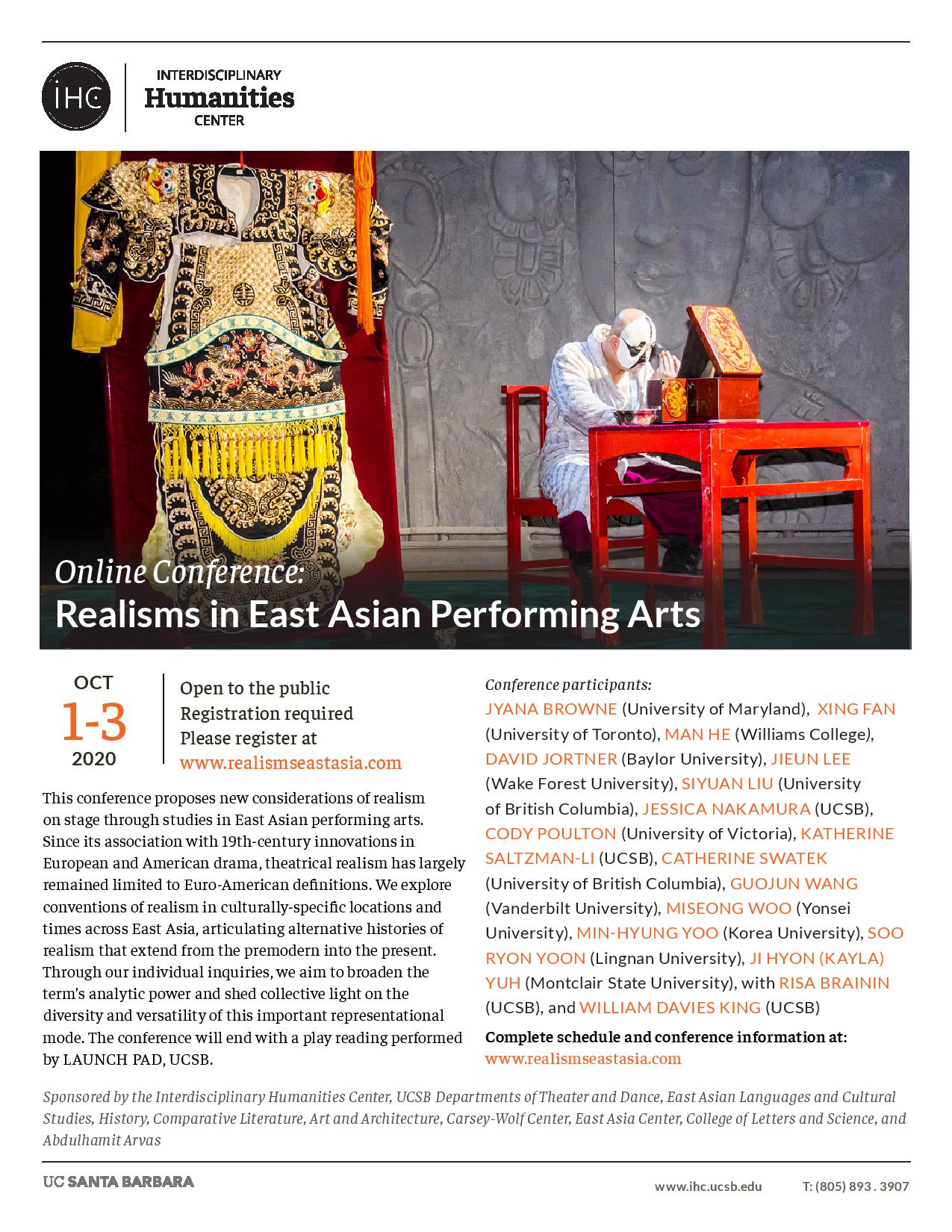 Flyer for online conference for Realisms in East Asian Performing Arts on 10/1-3/20