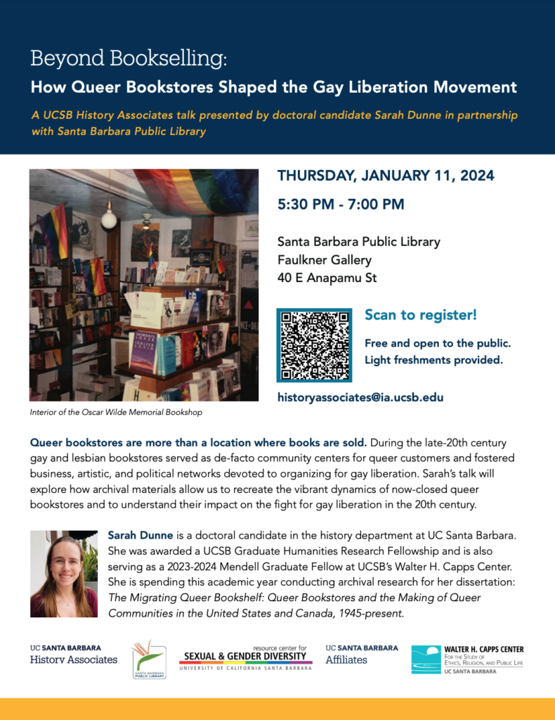 Flyer for "Beyond Bookselling: How Queer Bookstores Shaped the Gay Liberation Movement" by Sarah Dunne on January 11 from 5:30-7PM at SB Public Library