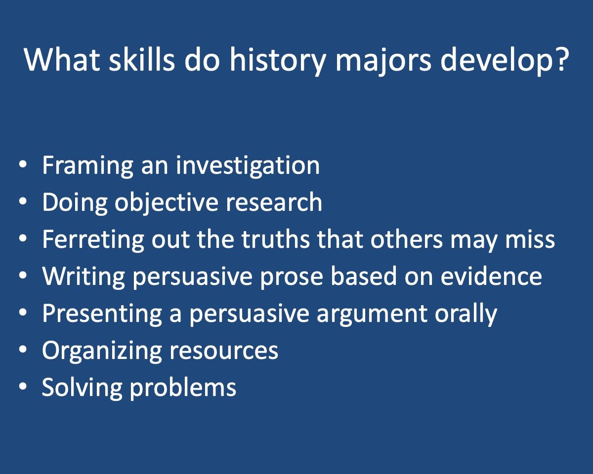 powerpoint slide that reads What skills do history majors develop? with bullet points providing ex.