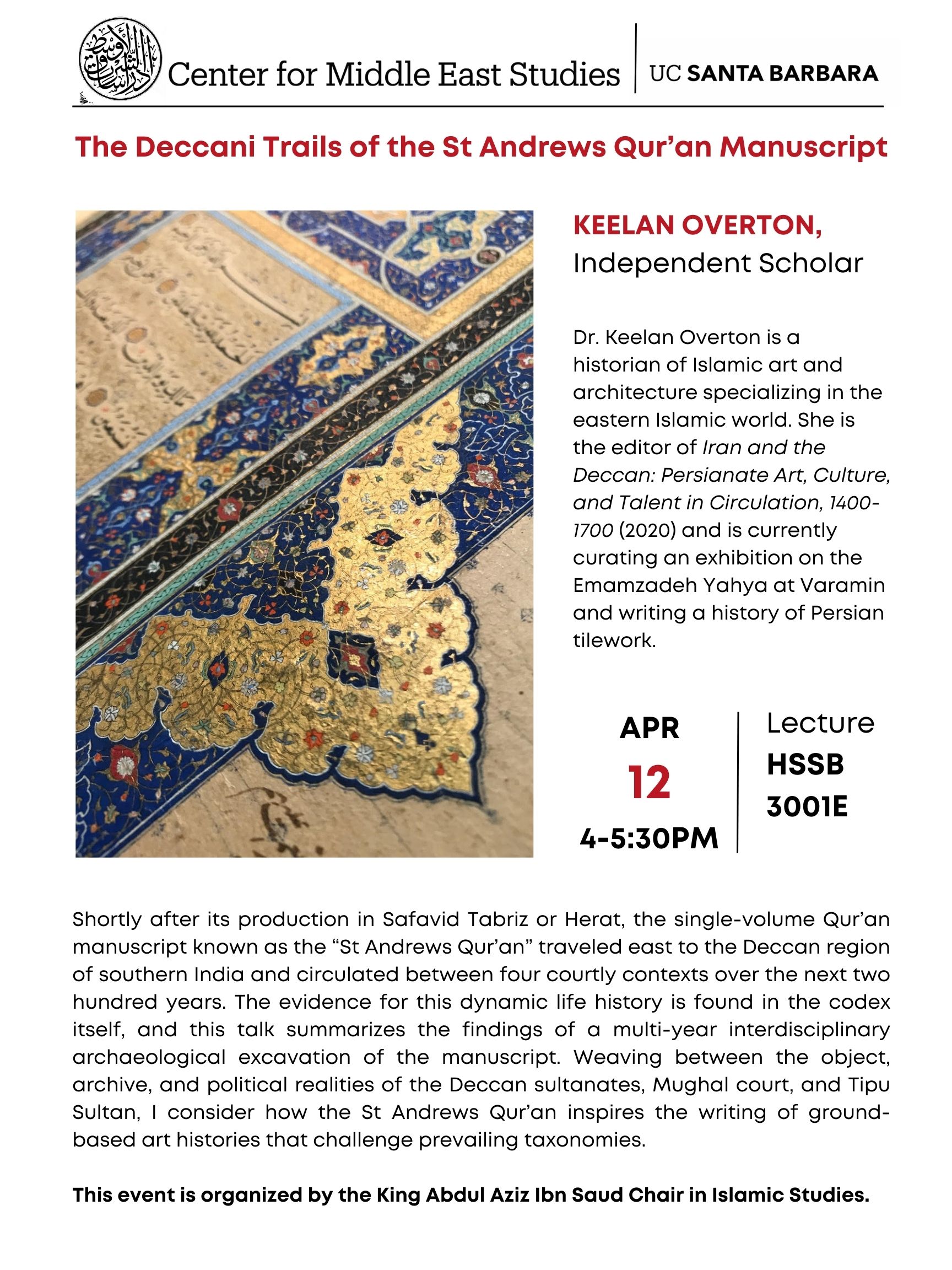 Flyer for "The Deccani Trails of the St Andrews Qur’an Manuscript" by Keelan Overton on April 12 from 4-5:30PM in HSSB 3001E