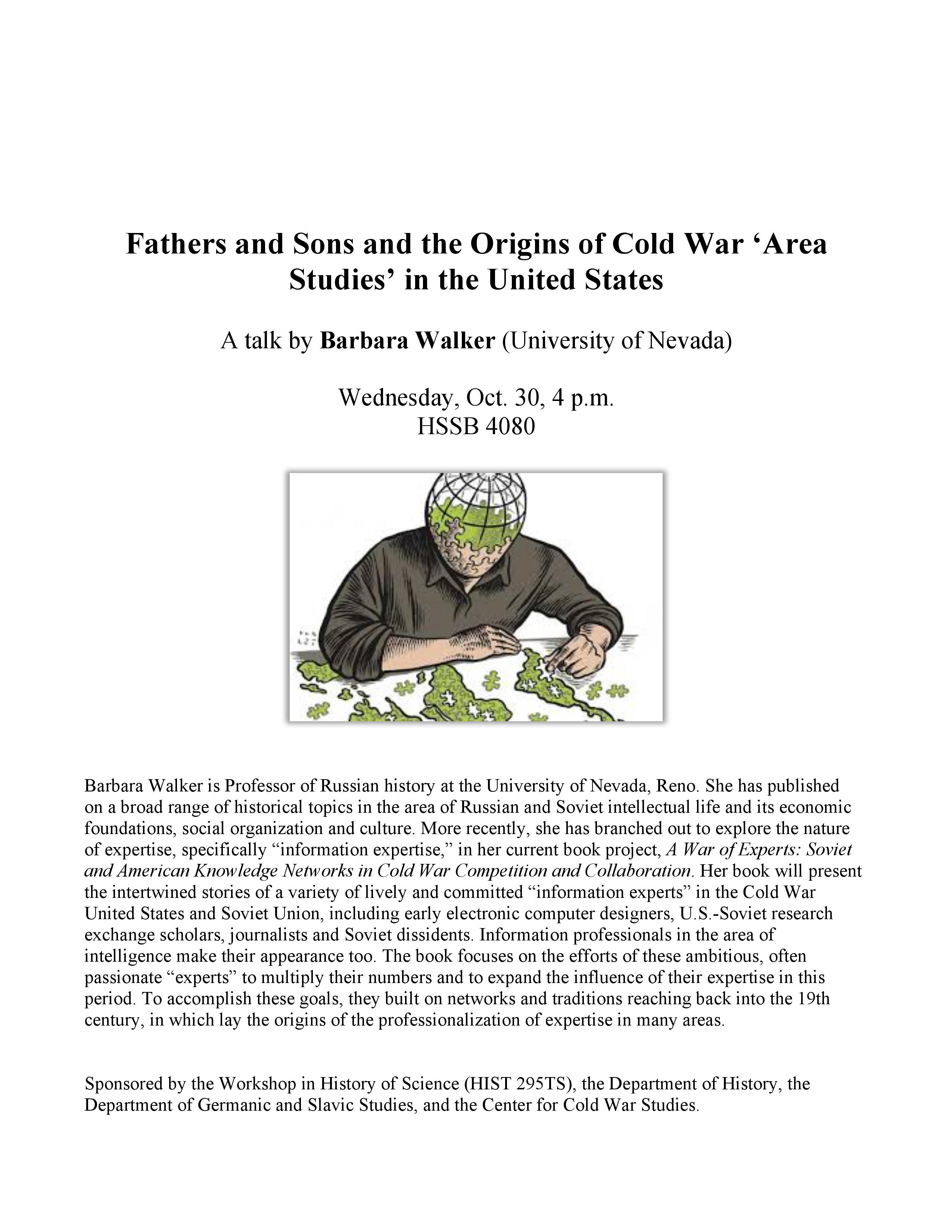 flyer for Barbara Walker, "Fathers and Sons and the Origins of Cold War ‘Area Studies’ in the United States"