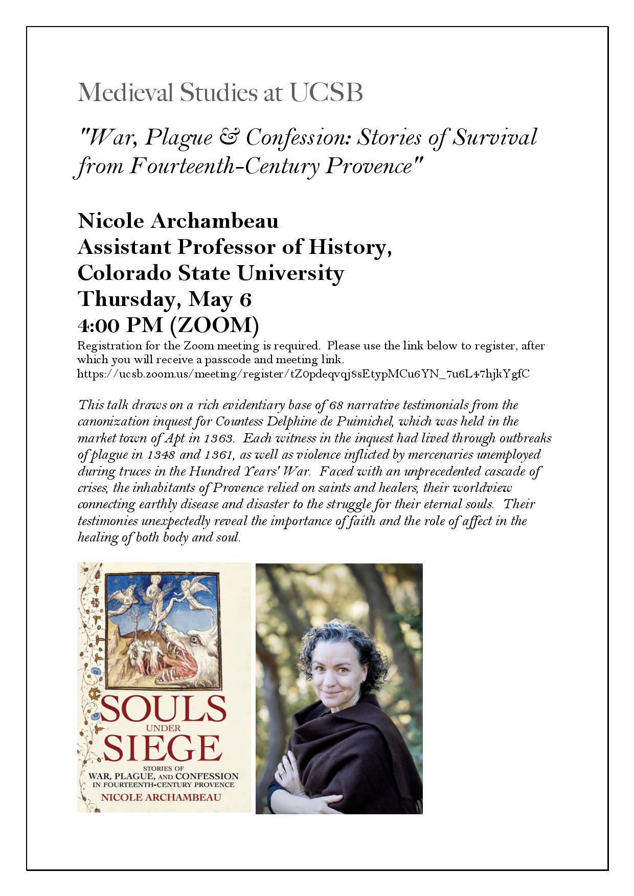 Flyer for zoom talk for "War, Plague & Confession: Stories of Survival from Fourteenth-Century Provence" on 5/6/21 at 4PM