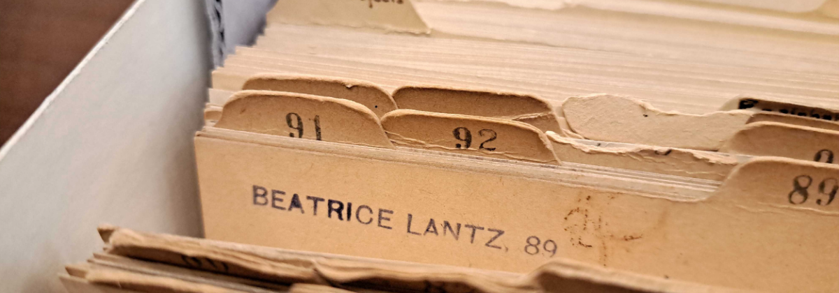 a drawer of manila folders, separated at folder 89, Beatrice Lantz